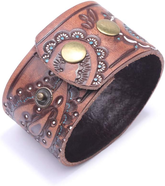 Fusamk Punk Rock Print Pattern Wristband Wide Leather Cuff Bracelet - Image 3